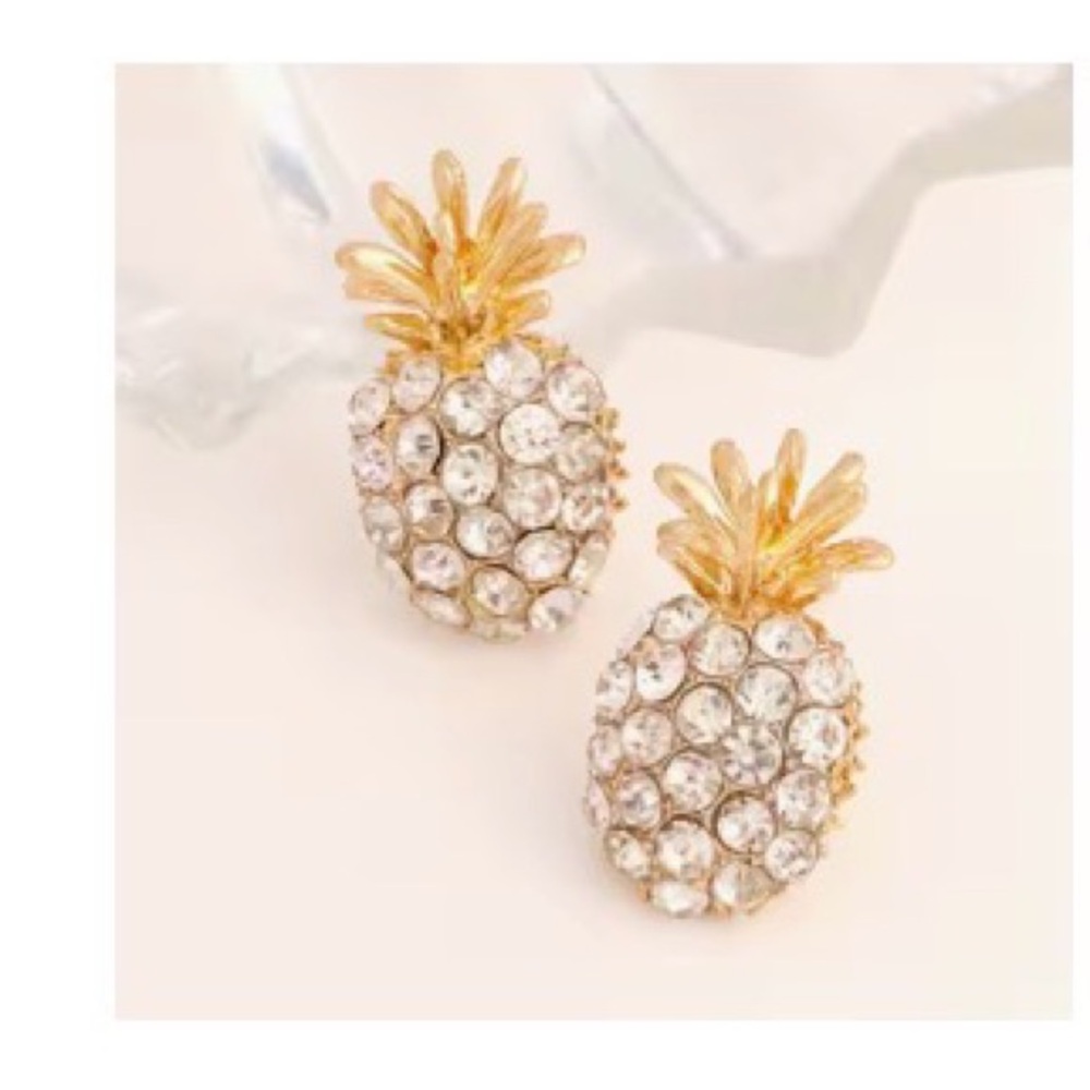 Golden Crystal Pineapple Stud Earrings - Sparkling Golden tone & ringing